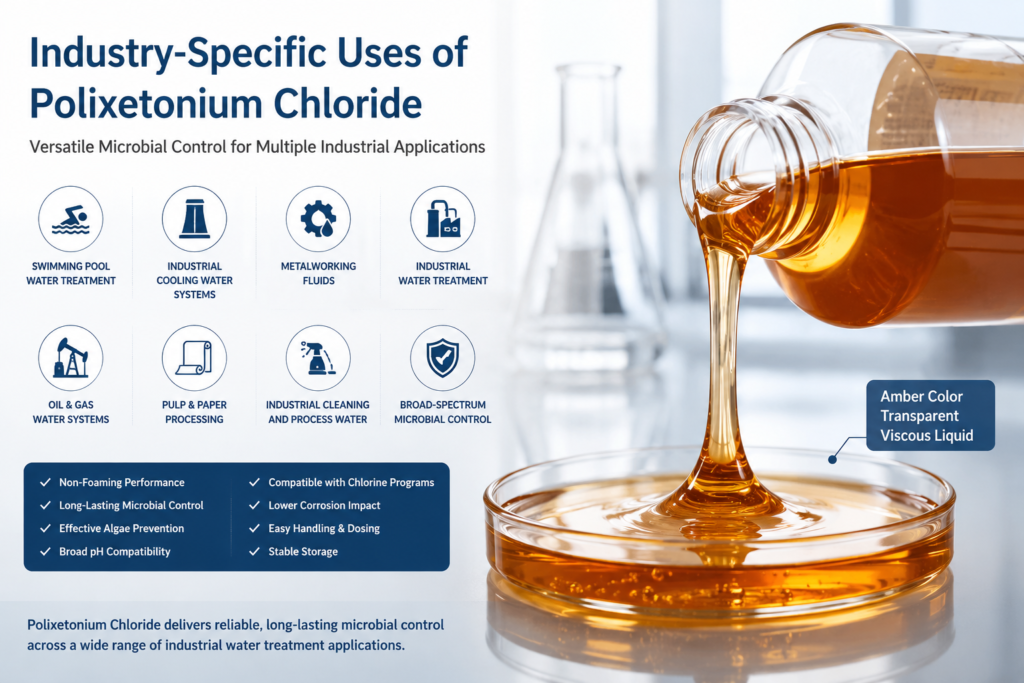 Horizontal banner illustrating the industry-specific uses of Polixetonium Chloride, 31512-74-0,featuring a amber transparent viscous liquid alongside icons representing swimming pool treatment, industrial cooling water, metalworking fluids, industrial water treatment, oil & gas systems, pulp & paper processing, and industrial cleaning applications.