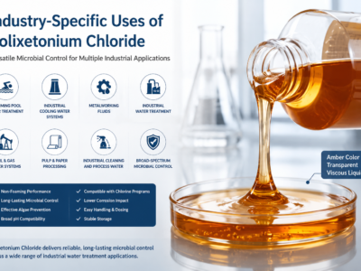 Horizontal banner illustrating the industry-specific uses of Polixetonium Chloride, 31512-74-0,featuring a amber transparent viscous liquid alongside icons representing swimming pool treatment, industrial cooling water, metalworking fluids, industrial water treatment, oil & gas systems, pulp & paper processing, and industrial cleaning applications.