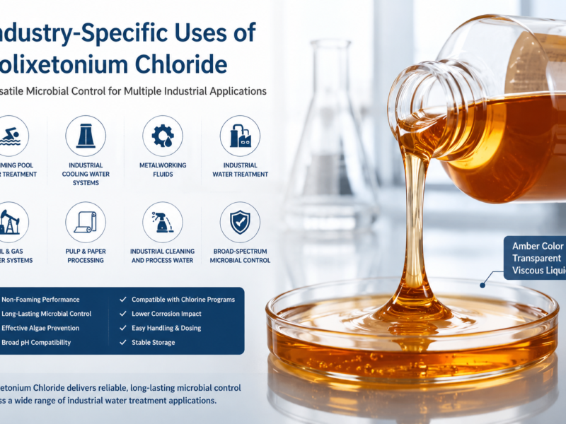 Horizontal banner illustrating the industry-specific uses of Polixetonium Chloride, 31512-74-0,featuring a amber transparent viscous liquid alongside icons representing swimming pool treatment, industrial cooling water, metalworking fluids, industrial water treatment, oil & gas systems, pulp & paper processing, and industrial cleaning applications.