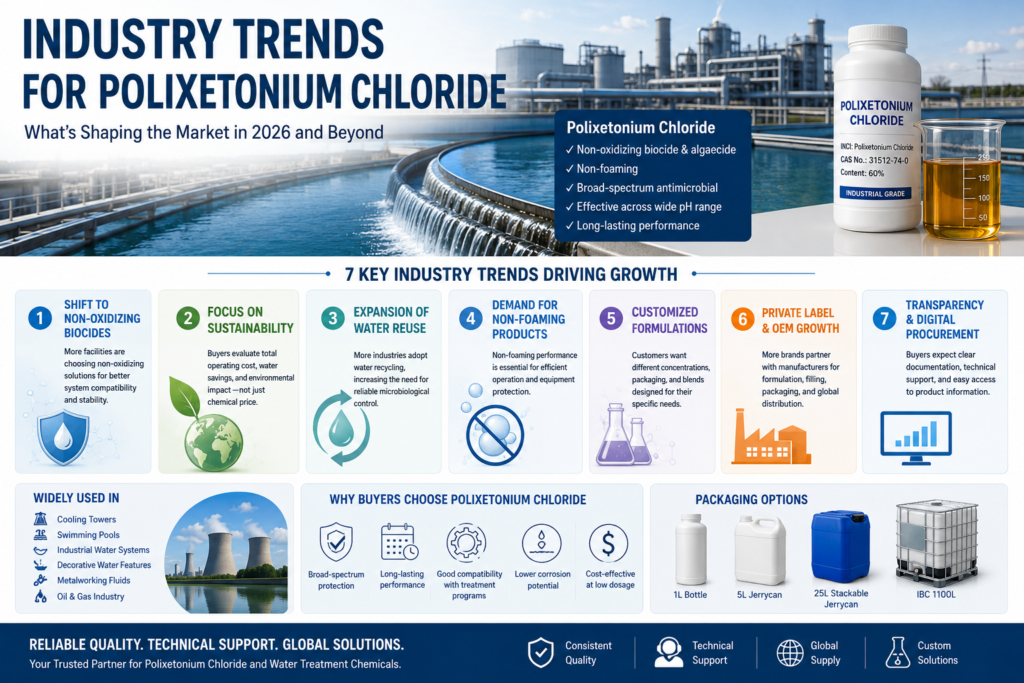 Infographic illustrating the 2026 industry trends for Polixetonium Chloride, including sustainability, water reuse, non-foaming performance, OEM manufacturing, digital procurement, industrial applications, and available packaging from 1L bottles to 1000L IBC totes.