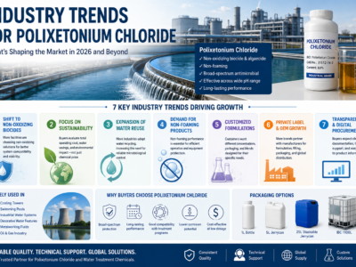 Infographic illustrating the 2026 industry trends for Polixetonium Chloride, including sustainability, water reuse, non-foaming performance, OEM manufacturing, digital procurement, industrial applications, and available packaging from 1L bottles to 1000L IBC totes.