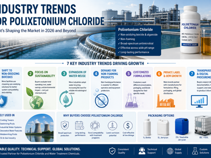 Infographic illustrating the 2026 industry trends for Polixetonium Chloride, including sustainability, water reuse, non-foaming performance, OEM manufacturing, digital procurement, industrial applications, and available packaging from 1L bottles to 1000L IBC totes.