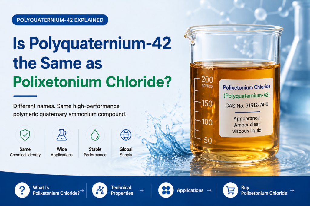 Polyquaternium-42 and Polixetonium Chloride comparison banner showing an amber clear viscous liquid sample in a laboratory beaker with CAS No. 31512-74-0, highlighting their same chemical identity, industrial applications, stable performance, and global supply for water treatment and polymeric quaternary ammonium compound uses.