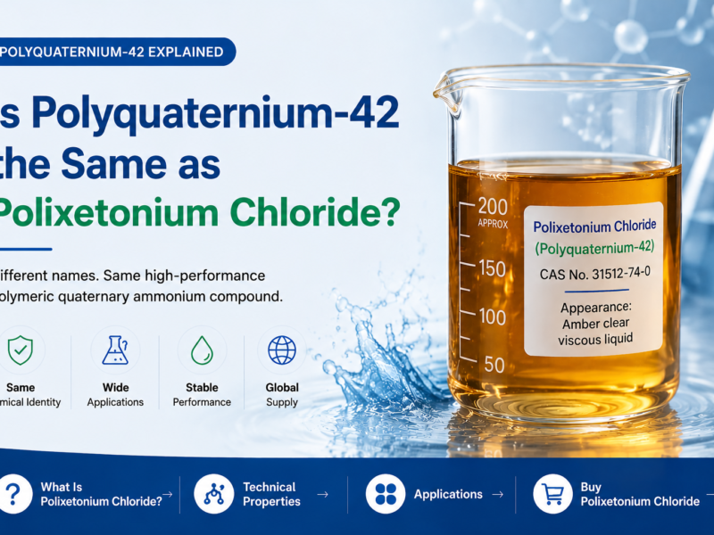 Polyquaternium-42 and Polixetonium Chloride comparison banner showing an amber clear viscous liquid sample in a laboratory beaker with CAS No. 31512-74-0, highlighting their same chemical identity, industrial applications, stable performance, and global supply for water treatment and polymeric quaternary ammonium compound uses.