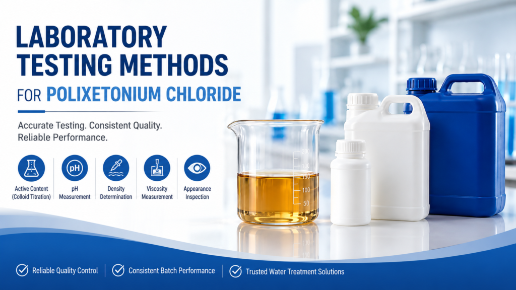 Modern laboratory quality control banner for Polixetonium Chloride featuring an amber transparent viscous liquid in a glass beaker, laboratory testing equipment, HDPE chemical containers, and key quality parameters including active content, pH, density, viscosity, and appearance inspection, representing professional quality assurance for water treatment chemicals