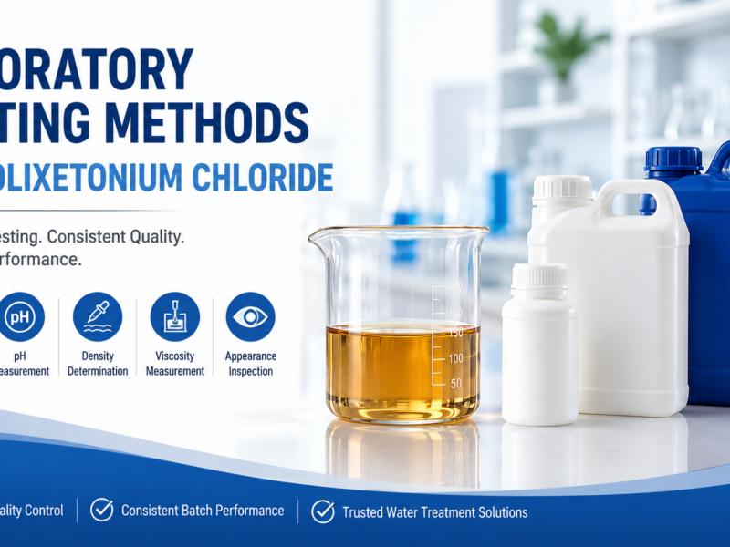 Modern laboratory quality control banner for Polixetonium Chloride featuring an amber transparent viscous liquid in a glass beaker, laboratory testing equipment, HDPE chemical containers, and key quality parameters including active content, pH, density, viscosity, and appearance inspection, representing professional quality assurance for water treatment chemicals