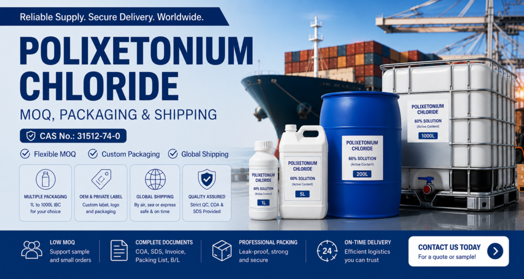 Polixetonium Chloride (CAS No. 31512-74-0) packaging and international shipping banner featuring 1L bottle, 5L jerry can, 200L drum, and 1000L IBC container at a commercial seaport, highlighting flexible MOQ, OEM private label services, global shipping, quality assurance, and export documentation for industrial chemical supply.