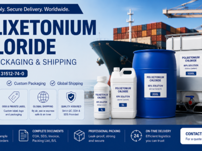 Polixetonium Chloride (CAS No. 31512-74-0) packaging and international shipping banner featuring 1L bottle, 5L jerry can, 200L drum, and 1000L IBC container at a commercial seaport, highlighting flexible MOQ, OEM private label services, global shipping, quality assurance, and export documentation for industrial chemical supply.