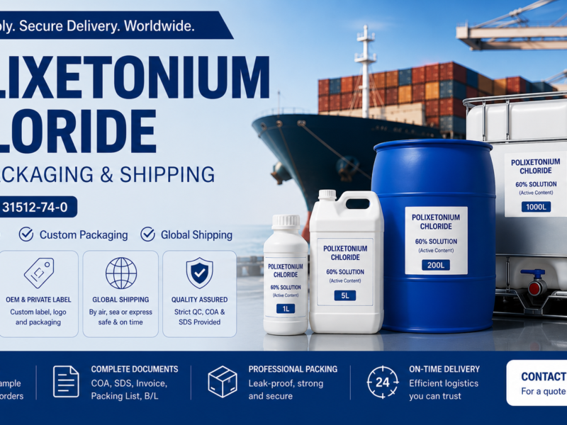 Polixetonium Chloride (CAS No. 31512-74-0) packaging and international shipping banner featuring 1L bottle, 5L jerry can, 200L drum, and 1000L IBC container at a commercial seaport, highlighting flexible MOQ, OEM private label services, global shipping, quality assurance, and export documentation for industrial chemical supply.