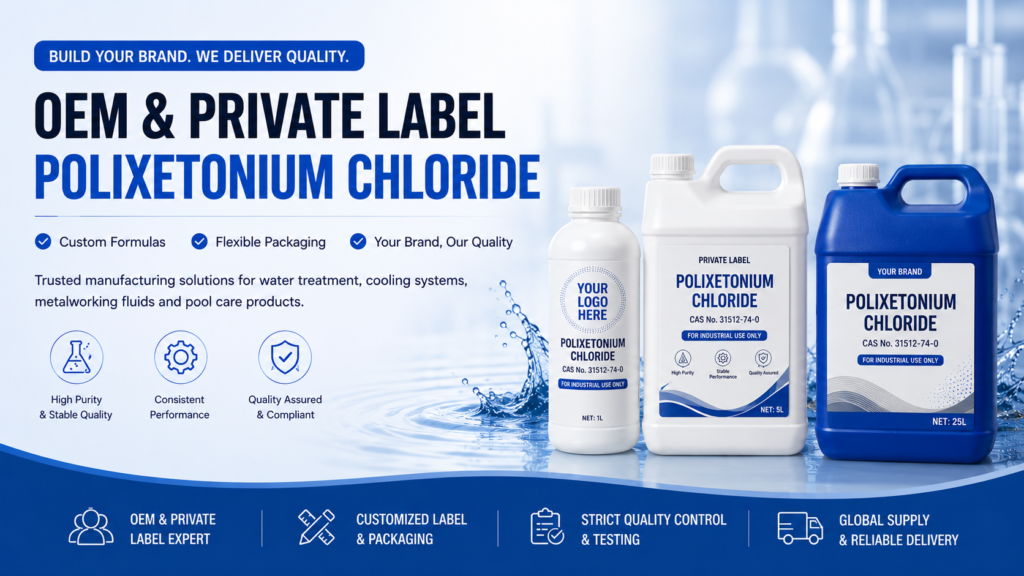 OEM & Private Label Polixetonium Chloride hero banner featuring customizable packaging, including 1L bottle, 5L white jerrycan, and 25L blue jerrycan with private label designs, "Your Logo Here" branding, CAS No. 31512-74-0, and water treatment manufacturing solutions for industrial, cooling water, metalworking fluid, and pool chemical applications.