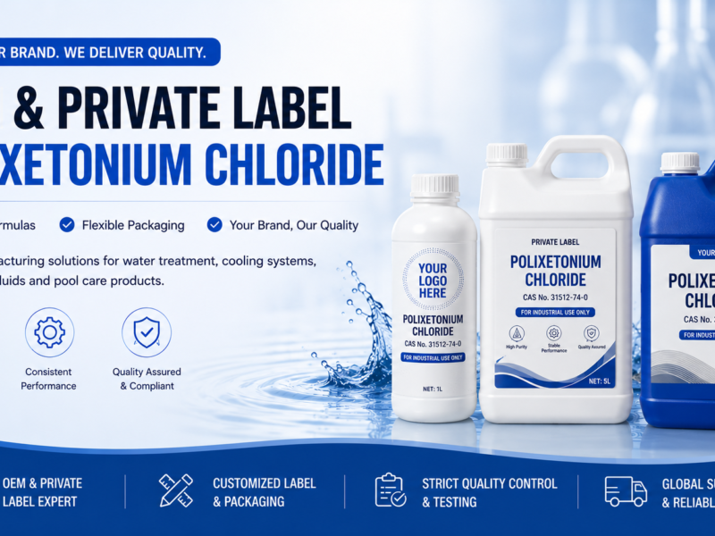 OEM & Private Label Polixetonium Chloride hero banner featuring customizable packaging, including 1L bottle, 5L white jerrycan, and 25L blue jerrycan with private label designs, "Your Logo Here" branding, CAS No. 31512-74-0, and water treatment manufacturing solutions for industrial, cooling water, metalworking fluid, and pool chemical applications.