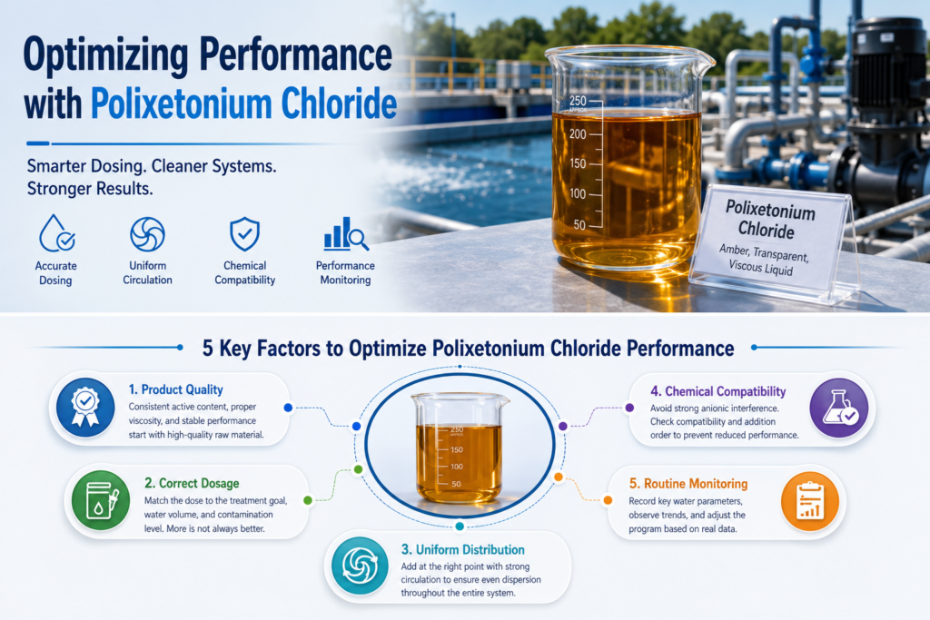 Optimizing performance of Polixetonium Chloride,31512-74-0, through proper dosing, chemical compatibility, circulation, and monitoring, illustrated with amber transparent liquid in a laboratory beaker beside an industrial water treatment system
