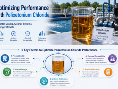 Optimizing performance of Polixetonium Chloride,31512-74-0, through proper dosing, chemical compatibility, circulation, and monitoring, illustrated with amber transparent liquid in a laboratory beaker beside an industrial water treatment system