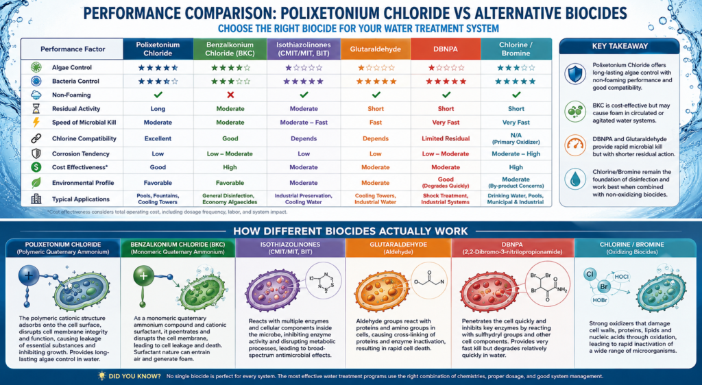 Performance comparison infographic showing Polixetonium Chloride versus conventional water treatment biocides, including benzalkonium chloride (BKC), isothiazolinones, glutaraldehyde, DBNPA, and chlorine/bromine, with comparisons of algae control, bacteria control, foaming, residual activity, chlorine compatibility, corrosion tendency, and typical applications.