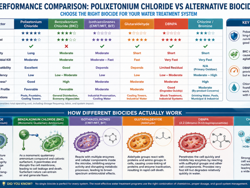 Performance comparison infographic showing Polixetonium Chloride versus conventional water treatment biocides, including benzalkonium chloride (BKC), isothiazolinones, glutaraldehyde, DBNPA, and chlorine/bromine, with comparisons of algae control, bacteria control, foaming, residual activity, chlorine compatibility, corrosion tendency, and typical applications.