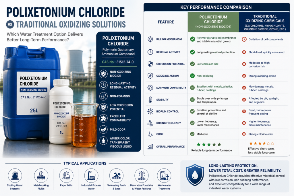 nfographic comparing Polixetonium Chloride with traditional oxidizing water treatment solutions across residual activity, corrosion, foaming, biofilm control, equipment compatibility, odor, stability, and maintenance requirements.