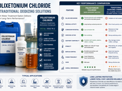 nfographic comparing Polixetonium Chloride with traditional oxidizing water treatment solutions across residual activity, corrosion, foaming, biofilm control, equipment compatibility, odor, stability, and maintenance requirements.
