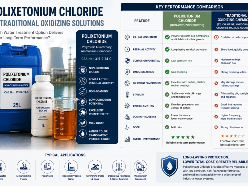 nfographic comparing Polixetonium Chloride with traditional oxidizing water treatment solutions across residual activity, corrosion, foaming, biofilm control, equipment compatibility, odor, stability, and maintenance requirements.