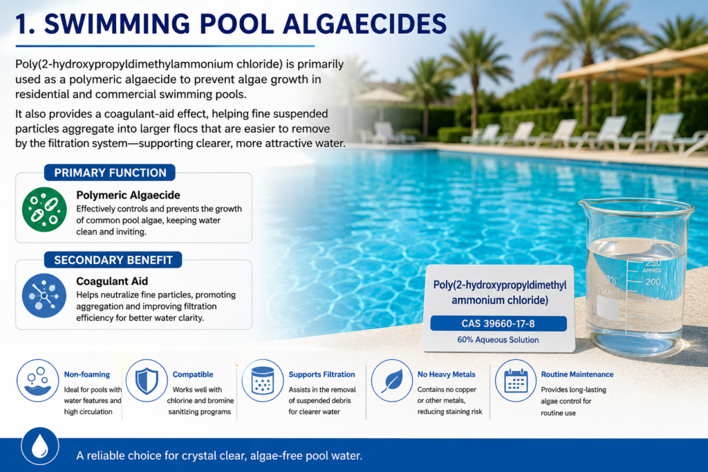 nfographic illustrating the primary swimming pool application of Poly(2-hydroxypropyldimethylammonium chloride) (CAS No. 39660-17-8), highlighting its role as a non-foaming polymeric algaecide with a secondary coagulant-aid effect that supports filtration and improves water clarity.