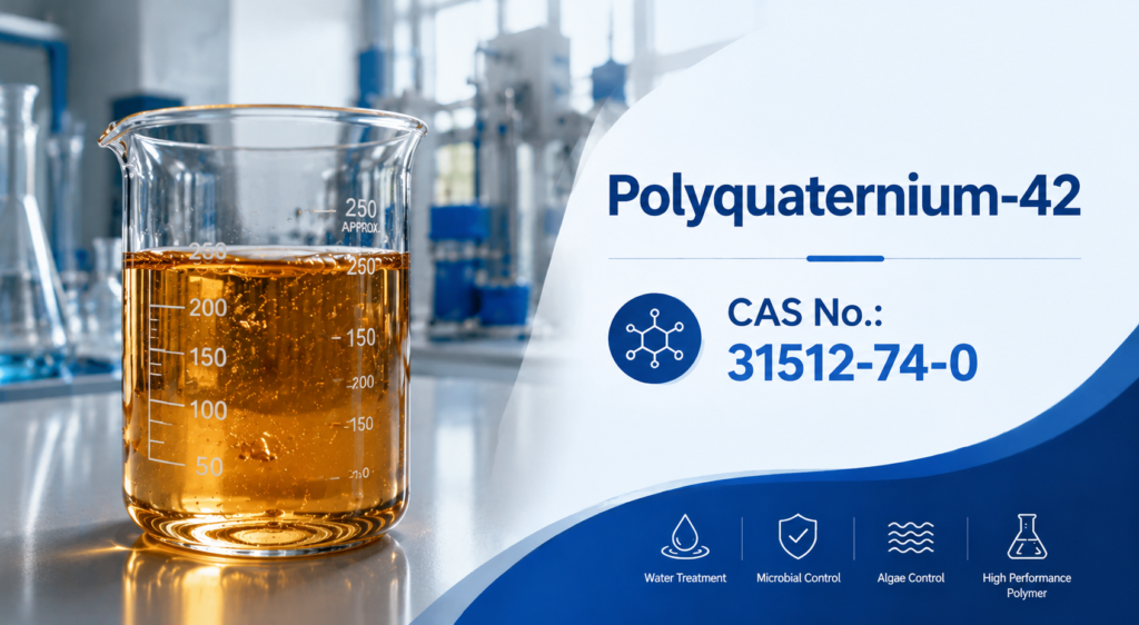 Polyquaternium-42 laboratory banner showing a glass beaker filled with a clear amber transparent viscous polymer solution, with CAS No. 31512-74-0 displayed alongside chemical identification details for water treatment, microbial control, and algae control applications.