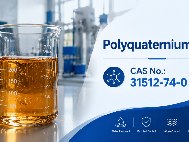 Polyquaternium-42 laboratory banner showing a glass beaker filled with a clear amber transparent viscous polymer solution, with CAS No. 31512-74-0 displayed alongside chemical identification details for water treatment, microbial control, and algae control applications.