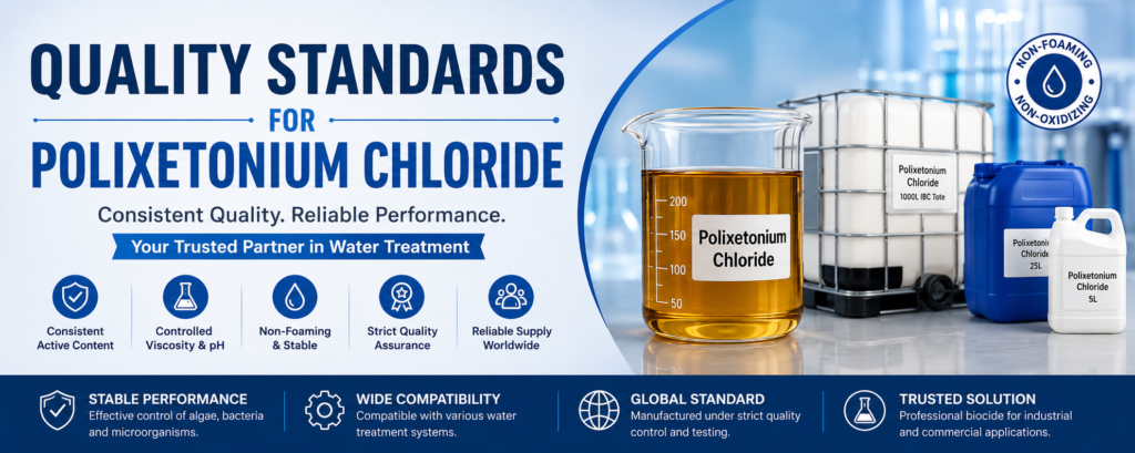 Quality standards for Polixetonium Chloride illustrated with an amber-colored clear viscous liquid in a laboratory beaker alongside 5L, 25L, and 1000L IBC packaging, highlighting consistent active content, viscosity control, non-foaming performance, and reliable water treatment applications.