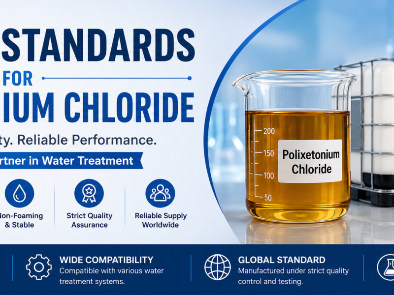 Quality standards for Polixetonium Chloride illustrated with an amber-colored clear viscous liquid in a laboratory beaker alongside 5L, 25L, and 1000L IBC packaging, highlighting consistent active content, viscosity control, non-foaming performance, and reliable water treatment applications.