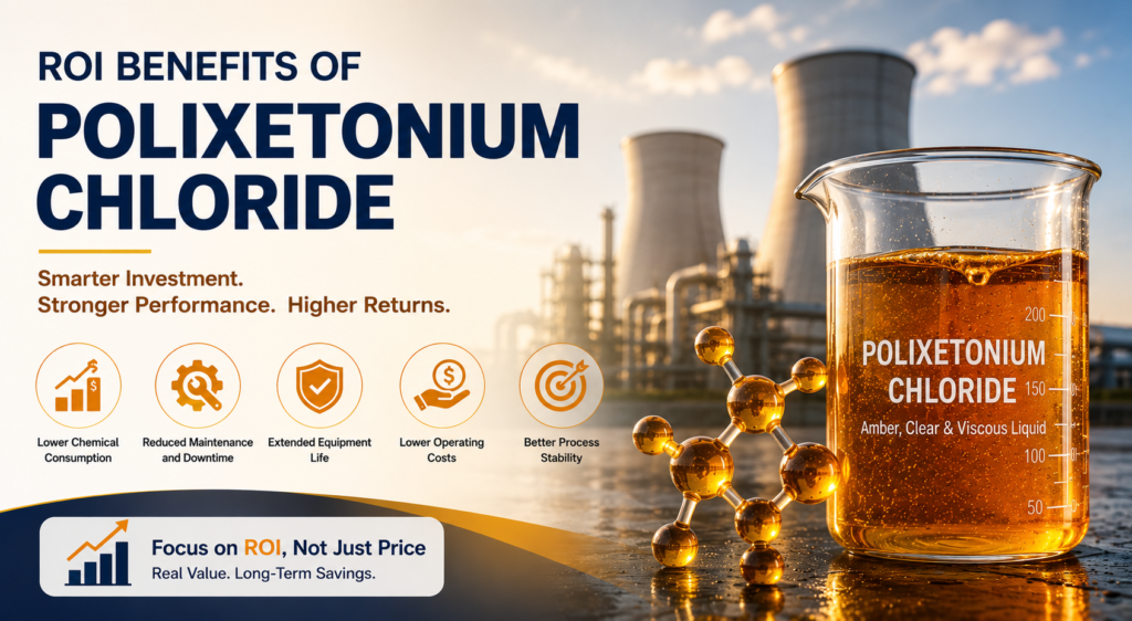 ROI benefits of Polixetonium Chloride,31512-74-0, shown with an industrial cooling water system and a beaker containing amber, clear, viscous liquid, highlighting lower operating costs, reduced maintenance, extended equipment life, and improved process stability