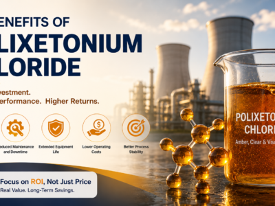 ROI benefits of Polixetonium Chloride,31512-74-0, shown with an industrial cooling water system and a beaker containing amber, clear, viscous liquid, highlighting lower operating costs, reduced maintenance, extended equipment life, and improved process stability