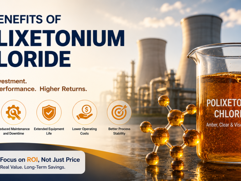 ROI benefits of Polixetonium Chloride,31512-74-0, shown with an industrial cooling water system and a beaker containing amber, clear, viscous liquid, highlighting lower operating costs, reduced maintenance, extended equipment life, and improved process stability