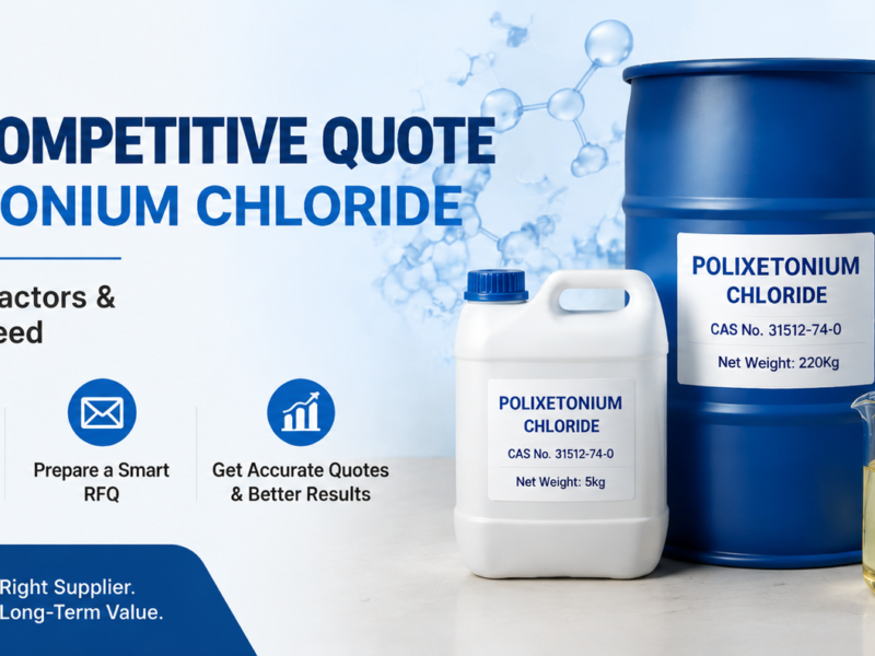equest a Competitive Quote for Polixetonium Chloride hero banner featuring a blue 220 kg drum, a white 5 kg HDPE container, and a beaker containing amber transparent viscous Polixetonium Chloride liquid (CAS No. 31512-74-0), highlighting pricing factors, RFQ preparation, and supplier information against an industrial water treatment facility background.