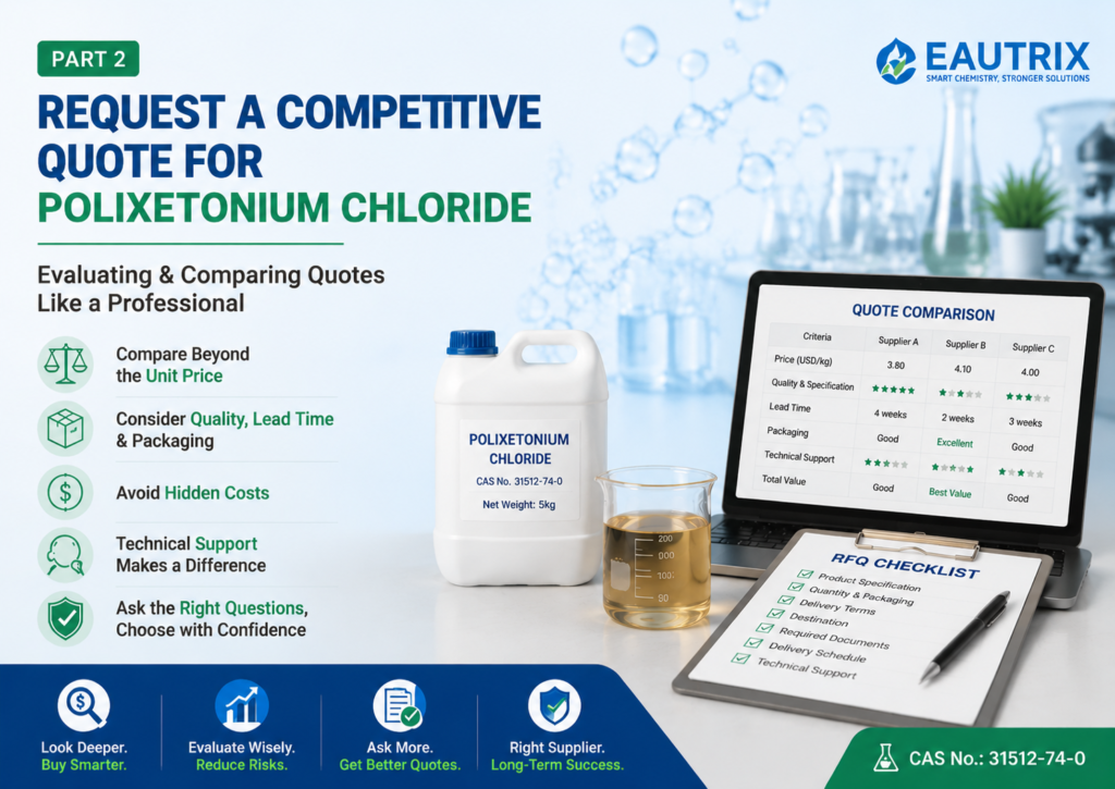 Hero banner for evaluating and comparing Polixetonium Chloride quotations, featuring a white 5 kg HDPE container, a beaker containing amber transparent viscous Polixetonium Chloride liquid (CAS No. 31512-74-0), an RFQ checklist, and a supplier quote comparison dashboard, illustrating how to compare quality, lead time, packaging, technical support, and total purchasing value beyond unit price.