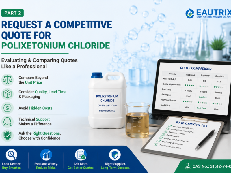 Hero banner for evaluating and comparing Polixetonium Chloride quotations, featuring a white 5 kg HDPE container, a beaker containing amber transparent viscous Polixetonium Chloride liquid (CAS No. 31512-74-0), an RFQ checklist, and a supplier quote comparison dashboard, illustrating how to compare quality, lead time, packaging, technical support, and total purchasing value beyond unit price.