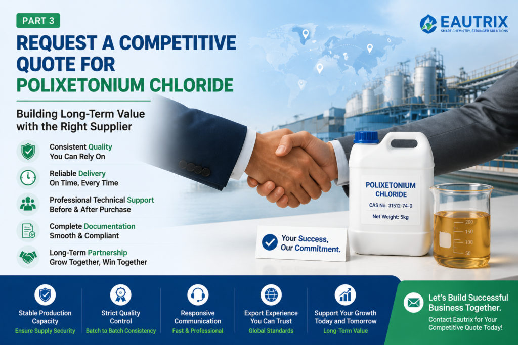 Hero banner illustrating long-term supplier partnerships for Polixetonium Chloride, featuring a business handshake, a white 5 kg HDPE container, a beaker containing amber transparent viscous Polixetonium Chloride liquid (CAS No. 31512-74-0), and an industrial manufacturing facility, emphasizing consistent quality, reliable delivery, technical support, complete documentation, and long-term supply value.