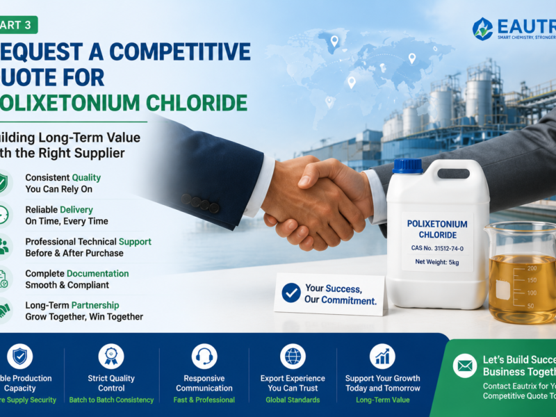 Hero banner illustrating long-term supplier partnerships for Polixetonium Chloride, featuring a business handshake, a white 5 kg HDPE container, a beaker containing amber transparent viscous Polixetonium Chloride liquid (CAS No. 31512-74-0), and an industrial manufacturing facility, emphasizing consistent quality, reliable delivery, technical support, complete documentation, and long-term supply value.