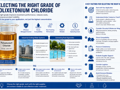 Wide infographic explaining how to select the right grade of Polixetonium Chloride, CAS 31512-74-0,featuring an amber transparent viscous liquid, key selection criteria including active content, viscosity, molecular weight, compatibility, supplier evaluation, and applications in industrial cooling water systems and swimming pool algaecides