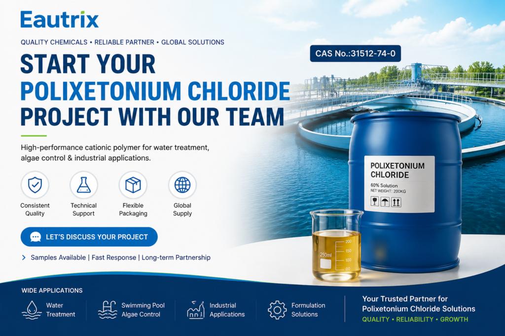 Eautrix Polixetonium Chloride project banner featuring a blue 200kg drum and amber transparent solution sample, with CAS No. 31512-74-0, highlighting water treatment applications, algae control, industrial solutions, technical support, and global chemical supply partnership