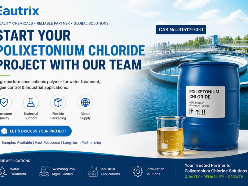 Eautrix Polixetonium Chloride project banner featuring a blue 200kg drum and amber transparent solution sample, with CAS No. 31512-74-0, highlighting water treatment applications, algae control, industrial solutions, technical support, and global chemical supply partnership