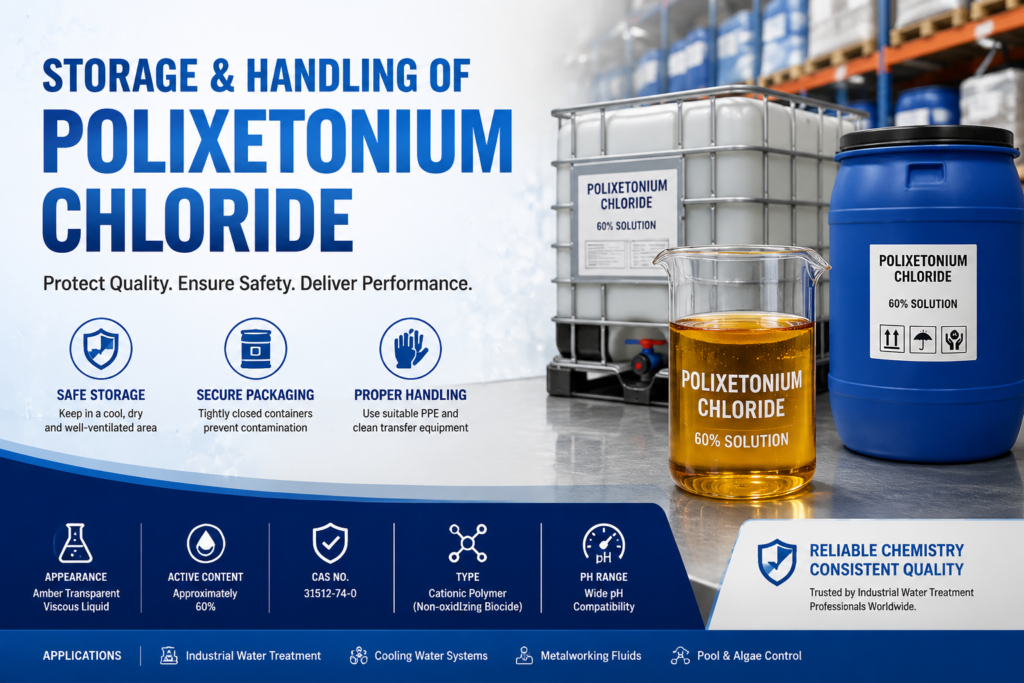 Storage and handling of Polixetonium Chloride 60% solution showing amber transparent viscous liquid, IBC tote and industrial drum packaging in a chemical warehouse, with CAS No. 31512-74-0 and key safety practices for industrial water treatment applications.