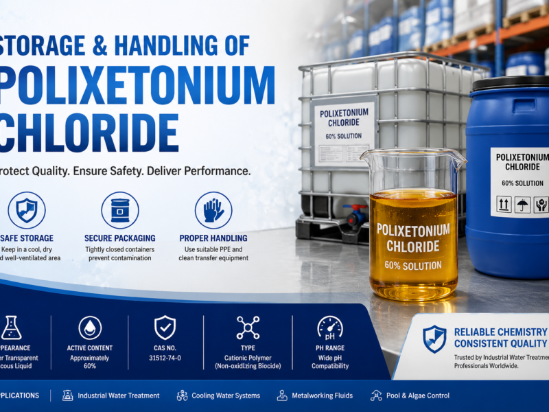 Storage and handling of Polixetonium Chloride 60% solution showing amber transparent viscous liquid, IBC tote and industrial drum packaging in a chemical warehouse, with CAS No. 31512-74-0 and key safety practices for industrial water treatment applications.