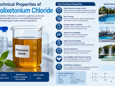 Technical infographic illustrating the key properties of Polixetonium Chloride (CAS No. 31512-74-0), showing an amber transparent viscous liquid, non-foaming performance, broad-spectrum algae control, excellent water solubility, chlorine compatibility, clarification assistance, and typical applications in swimming pools, industrial water systems, and decorative fountains