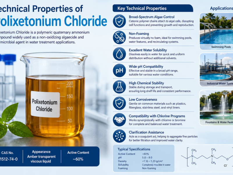 Technical infographic illustrating the key properties of Polixetonium Chloride (CAS No. 31512-74-0), showing an amber transparent viscous liquid, non-foaming performance, broad-spectrum algae control, excellent water solubility, chlorine compatibility, clarification assistance, and typical applications in swimming pools, industrial water systems, and decorative fountains