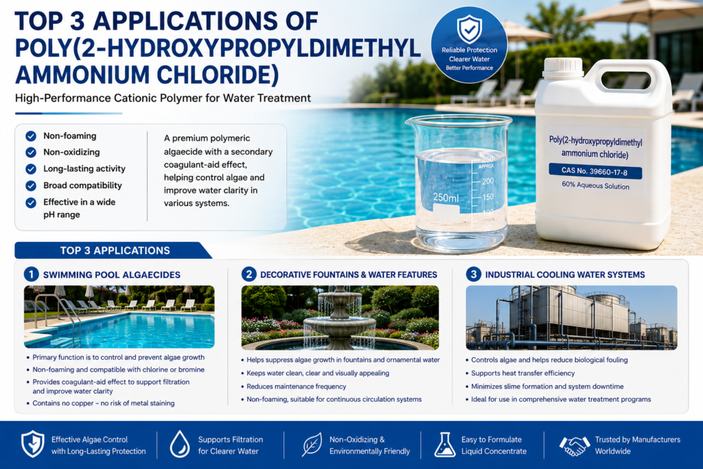 Professional infographic featuring Poly(2-hydroxypropyldimethylammonium chloride 60% aqueous solution for water treatment, illustrating its primary use as a polymeric algaecide in swimming pools, fountains, and cooling water systems, with long-lasting algae control and improved filtration support