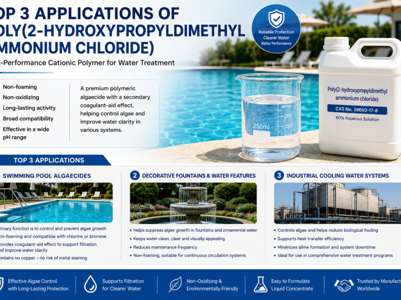 Professional infographic featuring Poly(2-hydroxypropyldimethylammonium chloride 60% aqueous solution for water treatment, illustrating its primary use as a polymeric algaecide in swimming pools, fountains, and cooling water systems, with long-lasting algae control and improved filtration support