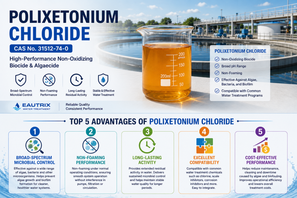 Polixetonium Chloride (CAS No. 31512-74-0) infographic showing the top five benefits of this non-oxidizing biocide, including broad-spectrum microbial control, non-foaming performance, long-lasting activity, compatibility with common water treatment chemicals, and cost-effective water treatment performance.