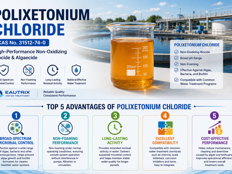 Polixetonium Chloride (CAS No. 31512-74-0) infographic showing the top five benefits of this non-oxidizing biocide, including broad-spectrum microbial control, non-foaming performance, long-lasting activity, compatibility with common water treatment chemicals, and cost-effective water treatment performance.