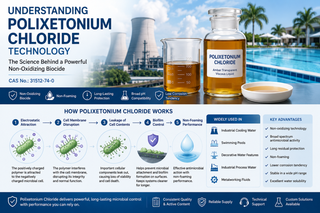Infographic explaining how Polixetonium Chloride technology works through electrostatic attraction, membrane disruption, biofilm control, non-foaming performance, and long-lasting antimicrobial protection in water treatment systems.