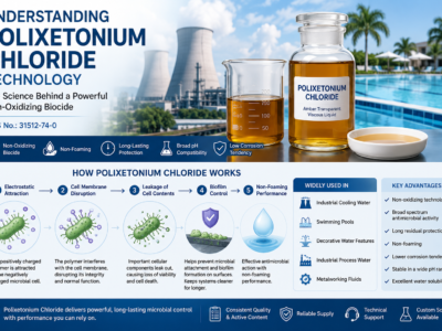 Infographic explaining how Polixetonium Chloride technology works through electrostatic attraction, membrane disruption, biofilm control, non-foaming performance, and long-lasting antimicrobial protection in water treatment systems.