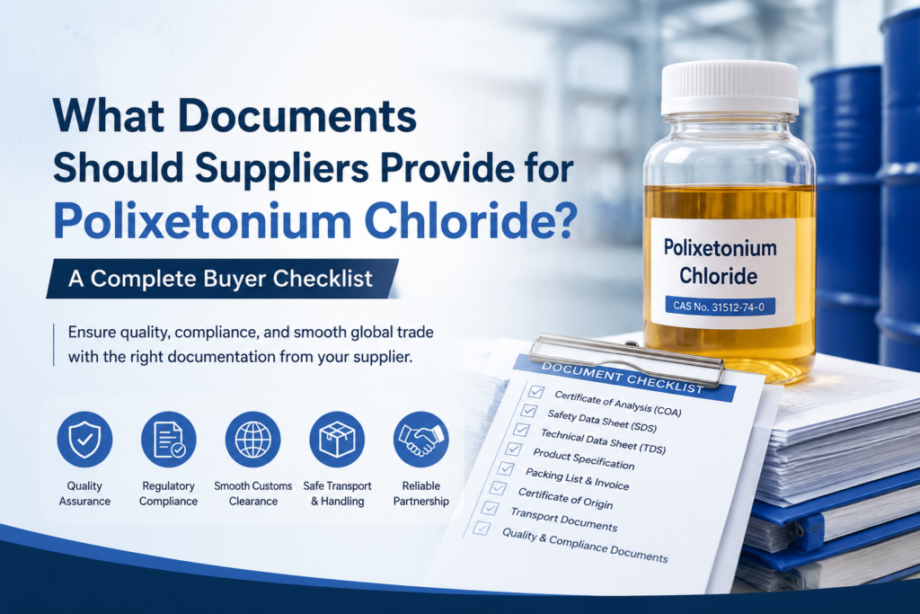 Professional blog banner illustrating the essential supplier documents for Polixetonium Chloride (CAS No. 31512-74-0), featuring an amber transparent viscous liquid sample bottle, a document checklist including COA, SDS, TDS, packing list, and certificate of origin, with quality assurance, regulatory compliance, customs clearance, and safe transport icons in a modern industrial setting.