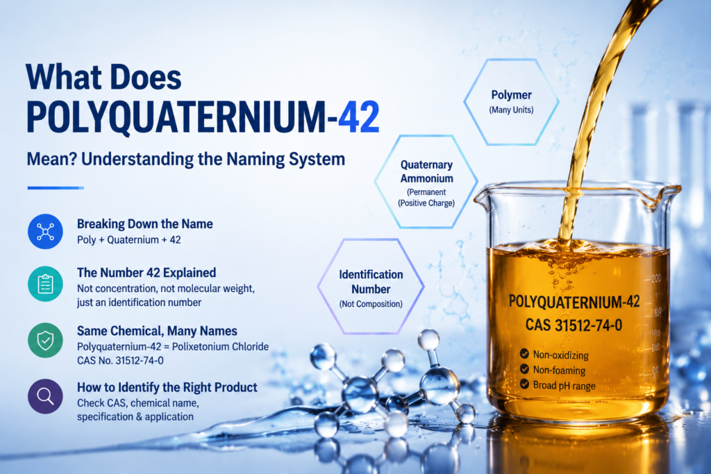Polyquaternium-42 naming system infographic showing an amber transparent viscous liquid sample in a laboratory beaker labeled “Polyquaternium-42” and “CAS 31512-74-0,” with explanations of polymer structure, quaternary ammonium characteristics, identification number meaning, and the relationship between Polyquaternium-42 and Polixetonium Chloride